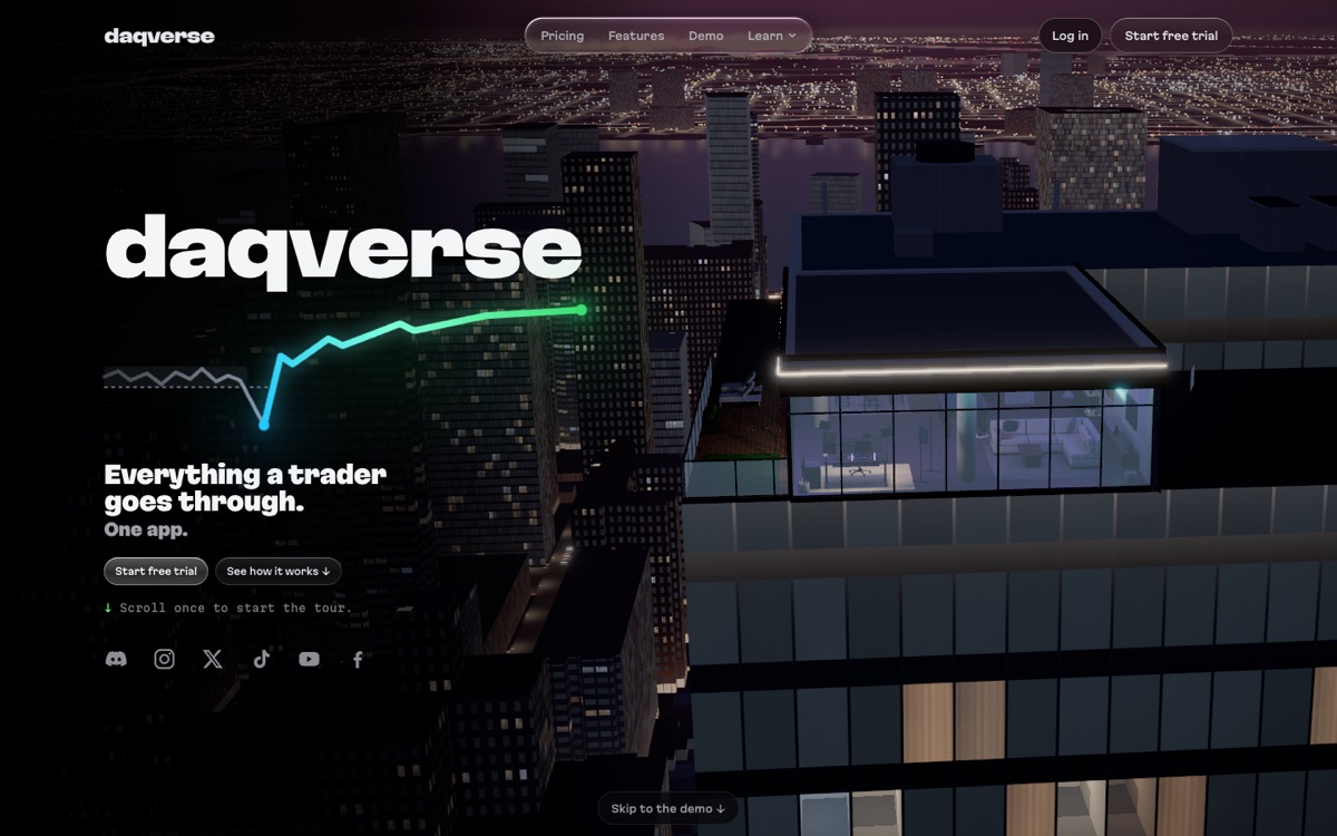 daqverse homepage: a 3D night city with a penthouse trading desk