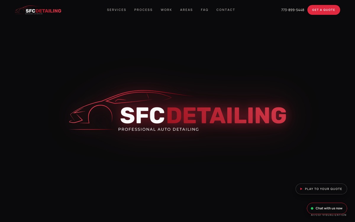 SFC Detailing homepage with a glowing red car-outline logo
